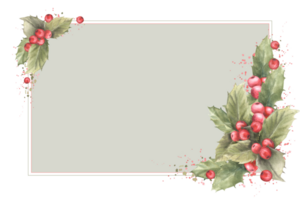 Watercolor painted card of holly leaves and red berries with aquarelle splashes. Traditional plant for Christmas or New Year decor, winter, celebrate card with template. png