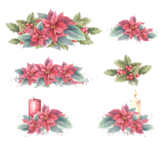 Watercolor arrangement set of red, pink, yellow poinsettia flowers, leaves, holly berry with candles. Xmas, New year illustration painted clipart for sticker, card, print. png