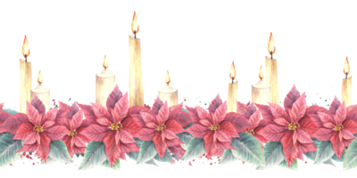 aguarela pintado desatado fronteira, padronizar do vermelho poinsétia flores e folhas com flamejante velas, salpicos. ilustração para Natal, Novo ano decoração, invólucro papel png