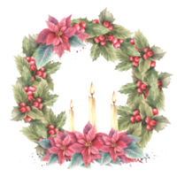 Watercolor painted illustration wreath, frame. Holly berry, poinsettia flowers, leaves and three flaming candle.Template for Christmas, New Year card, winter invitation. png