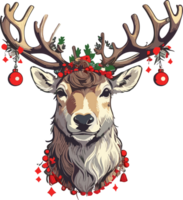 AI generated christmas deer head with decorations on the head png