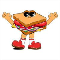 Sandwich character in retro cartoon style. Vector illustration of a cute fast food mascot with arms and legs. Isolated illustration on white background.