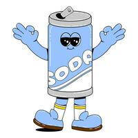 Soda character in retro cartoon style.Vector illustration of cute tin can with funny face, arms and legs on isolated white background. vector