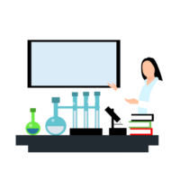 a woman in a lab coat is standing in front of a white board png