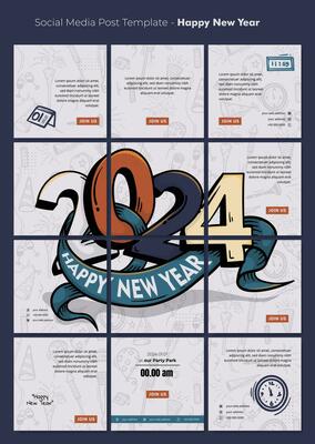 Social media post template with flying ribbon in 2024 number for happy new year design