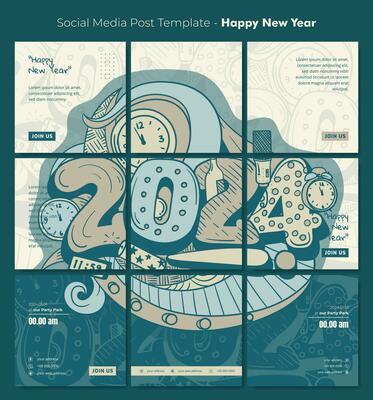 Social media post template with typography of 2024 in doodle art concept design for new year party