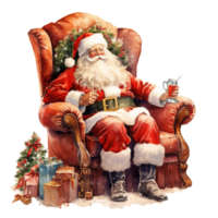 ai gegenereerd de kerstman zittend Aan sofa voor Kerstmis evenement. waterverf stijl. ai gegenereerd png