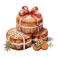 AI generated AI Generative Christmas holiday gingerbread cookies with cinnamon, with ribbon and bow. Christmas winter holiday homemade pastry, sweet cake. Watercolor style, for winter menu, cafeteria png