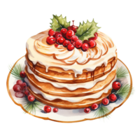 AI generated AI Generative Watercolor pancakes with berries and cream. Breakfast. Dessert on the plate. Sweet Christmas cake. For cafes, restaurants, menus, greeting cards, holiday decorations. png