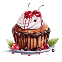 AI generated AI Generative Chocolate muffin with cherry and cream, cupcake with berries. Watercolor sweet dessert, pie, traditional pastry. Birthday, holiday dessert. For cafes, restaurants, menus png