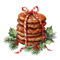 AI generated AI Generative Christmas holiday gingerbread cookies with cinnamon, with ribbon and bow. Christmas winter holiday homemade pastry, sweet cake. Watercolor style, for winter menu, cafeteria png