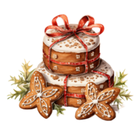 AI generated AI Generative Christmas holiday gingerbread cookies with cinnamon, with ribbon and bow. Christmas winter holiday homemade pastry, sweet cake. Watercolor style, for winter baker. png