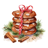 AI generated AI Generative Christmas holiday gingerbread cookies with cinnamon, with ribbon and bow. Christmas winter holiday homemade pastry, sweet cake. Watercolor style, for winter menu, cafeteria png