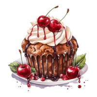 AI generated AI Generative Chocolate muffin with cherry and cream, cupcake with berries. Watercolor sweet dessert, pie, traditional pastry. Birthday, holiday dessert. For cafes, restaurants, menus png