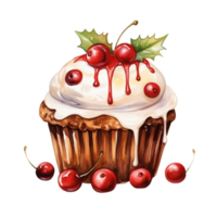 AI generated AI Generative Chocolate muffin with cherry and cream, cupcake with berries. Watercolor sweet dessert, pie, traditional pastry. Birthday, holiday dessert. For cafes, restaurants, menus png