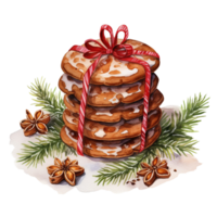 AI generated AI Generative Christmas holiday gingerbread cookies with cinnamon, with ribbon and bow. Christmas winter holiday homemade pastry, sweet cake. Watercolor style, for winter menu, cafeteria png