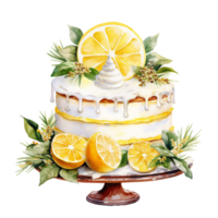 AI generated AI Generative Lemon cake with cream cheese with lemons. Watercolor style. Sweet desert, cake, pie. Birthday, holiday cake. For restaurants, menus, deserts card, cafeteria. png