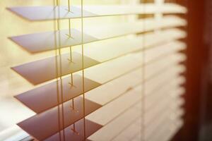 Office blinds. Modern wooden jalousie. Office meeting room lighting range control. photo