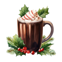 AI generated AI Generative Christmas cup, mug with drink with cream and spices. Cocoa, coffee, cute winter hot drink with decorative elements, fir tree, mistletoe, cones, berries, needles. png