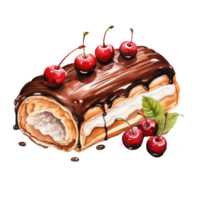 AI generated AI Generative Chocolate cake roll with cherries, berries, cream. Sweet dessert, cake, sweet pastry for bakeries, cafes, restaurants. Watercolor style. png