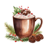 ai generado ai generativo Navidad taza, jarra con bebida con crema y especias cacao, café, linda invierno caliente bebida con decorativo elementos, abeto árbol, muérdago, conos, bayas, agujas png