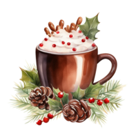 AI generated AI Generative Watercolor winter cup, mug with drink cream and spices. Cocoa, coffee, cute winter hot drink with decorative elements, fir tree, mistletoe, cones, berries, needles. png