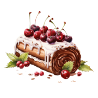 AI generated AI Generative Chocolate cake roll with cherries, berries, cream. Sweet dessert, cake, sweet pastry for bakeries, cafes, restaurants. Watercolor style. png