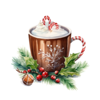 AI generated AI Generative Christmas cup, mug with drink with cream and spices. Cocoa, coffee, cute winter hot drink with decorative elements, fir tree, mistletoe, cones, berries, needles. png