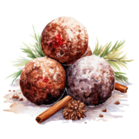 AI generated AI Generative Christmas balls with cinnamon. Christmas traditional pastry. Birthday, holiday dessert. For cafes, restaurants, menus, greeting cards. Watercolor style. png