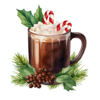 ai generato ai generativo inverno cacao, caffè, carino caldo bevanda con decorativo elementi, abete albero, vischio, coni, frutti di bosco, aghi. Natale composizione. acquerello design per carte png