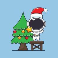 Cute astronaut taking star from christmas tree. Cute christmas cartoon character illustration. vector
