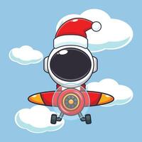 Cute astronaut wearing santa hat flying with plane. Cute christmas cartoon character illustration. vector