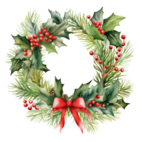 AI generated AI Generative Christmas holly berry wreath with mistletoe, cones, berries, needles, fir tree. Frame for Christmas holiday decoration, greeting cards, gift tags, invitation. png