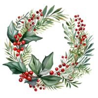 AI generated AI Generative Christmas holly berry wreath with mistletoe, cones, berries, needles, fir tree. Frame for Christmas holiday decoration, greeting cards, gift tags, invitation. png