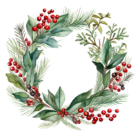 AI generated AI Generative Christmas holly berry wreath with mistletoe, cones, berries, needles, fir tree. Frame for Christmas holiday decoration, greeting cards, gift tags, invitation. png