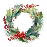 AI generated AI Generative Christmas holly berry wreath with mistletoe, cones, berries, needles, fir tree. Frame for Christmas holiday decoration, greeting cards, gift tags, invitation. png