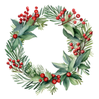 AI generated AI Generative Christmas holly berry wreath with mistletoe, cones, berries, needles, fir tree. Frame for Christmas holiday decoration, greeting cards, gift tags, invitation. png