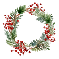 AI generated AI Generative Christmas holly berry wreath with mistletoe, cones, berries, needles, fir tree. Frame for Christmas holiday decoration, greeting cards, gift tags, invitation. png