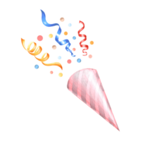 acquerello festivo rosa a strisce che esplode festa bottone automatico con filanti e coriandoli modello di mano disegnato illustrazione per festivo involucri, invito, compleanno e vacanza festa, etichetta decorazione png