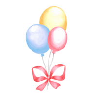 Aquarell Komposition von bunt Luftballons mit rot Bogen. Vorlage zum Gruß Karte. Hand gezeichnet Illustration zum festlich Verpackungen, Einladung, Geburtstag und Urlaub Party Dekoration, Herstellung Aufkleber. png