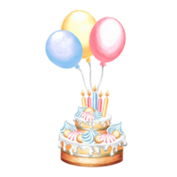 waterverf feestelijk taart met kaarsen en kleurrijk ballonnen. sjabloon voor groet kaart hand- getrokken illustratie voor feestelijk wikkels, uitnodiging, verjaardag en vakantie partij decoratie, maken stickers png