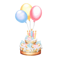 acquerello festivo torta con candele e colorato palloncini. modello per saluto carta mano disegnato illustrazione per festivo involucri, invito, compleanno e vacanza festa decorazione, fabbricazione adesivi png