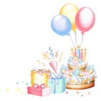 Vorlage glücklich Geburtstag Aquarell Postkarte. festlich Kuchen mit bunt Luftballons, Geschenke, explodiert Party Popper mit Bänder und Konfetti. Hand gezeichnet Illustration zum Karten und Einladung, Ferien png