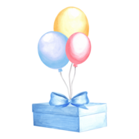 Aquarell Geschenkbox Blau mit bunt Luftballons und Bogen. Vorlage zum Gruß Karte. Hand gezeichnet Illustration zum festlich Verpackungen, Einladung, Geburtstag und Urlaub Party Dekoration, Herstellung Aufkleber png