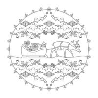 Santa's sled filled with gifts. Pretty reindeer. Christmas mandala. vector