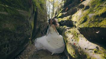 The bride in a wedding dress runs and smiles at the camera. The sun's rays of backlight illuminate the camera with flashes. The bride runs between the rocks video