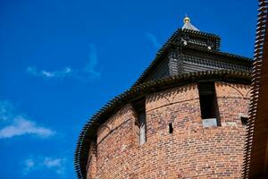 Kremlin tower, copy space. Ancient Russian red brick Kremlin. Tourist center of Nizhny Novgorod city. photo