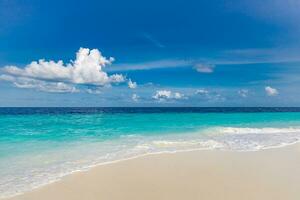 Empty tropical beach background. Horizon with sky and white sand. Sea view from tropical beach with sunny sky clouds photo