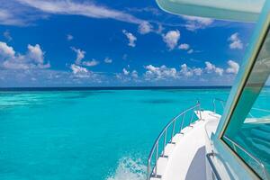 Amazing view from boat over clear sea water lagoon. Luxury travel, tropical blue turquoise Mediterranean panoramic seascape luxury white sailboat yacht. Beautiful exotic summer vacation leisure cruise photo