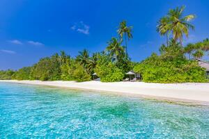 Beautiful tropical beach with white sand, palm trees, turquoise ocean blue sky clouds on sunny summer. Majestic panoramic landscape background for relaxing vacation, island of Maldives. Amazing nature photo